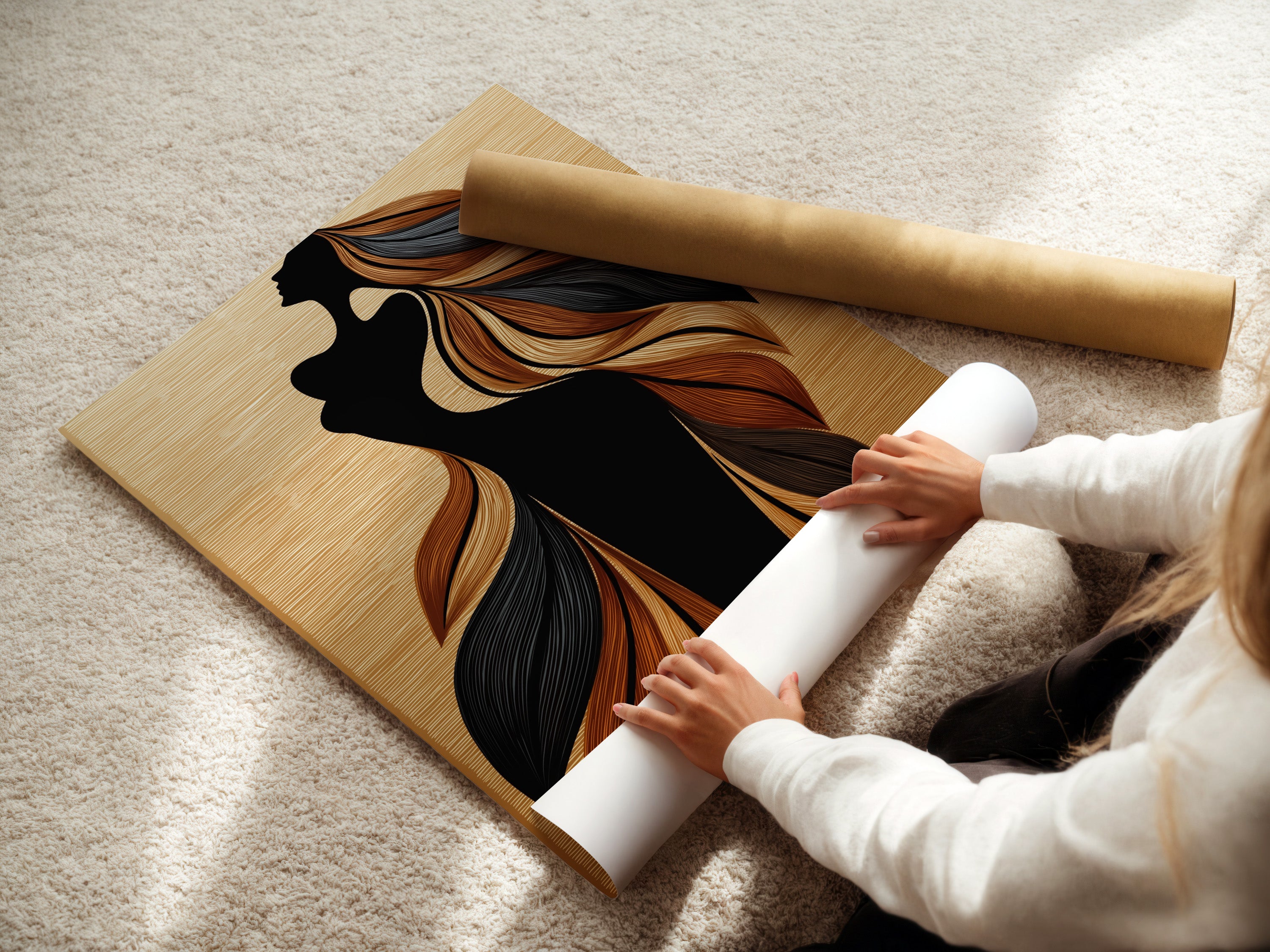 A woman carefully rolls a fine art poster paper. The paper is ready for printing the silhouette artwork. This showcases the attention to detail and quality. The fine art paper ensures a premium finish. Ideal for creating stunning bohemian wall art. This artwork is ideal for minimalist and contemporary settings.