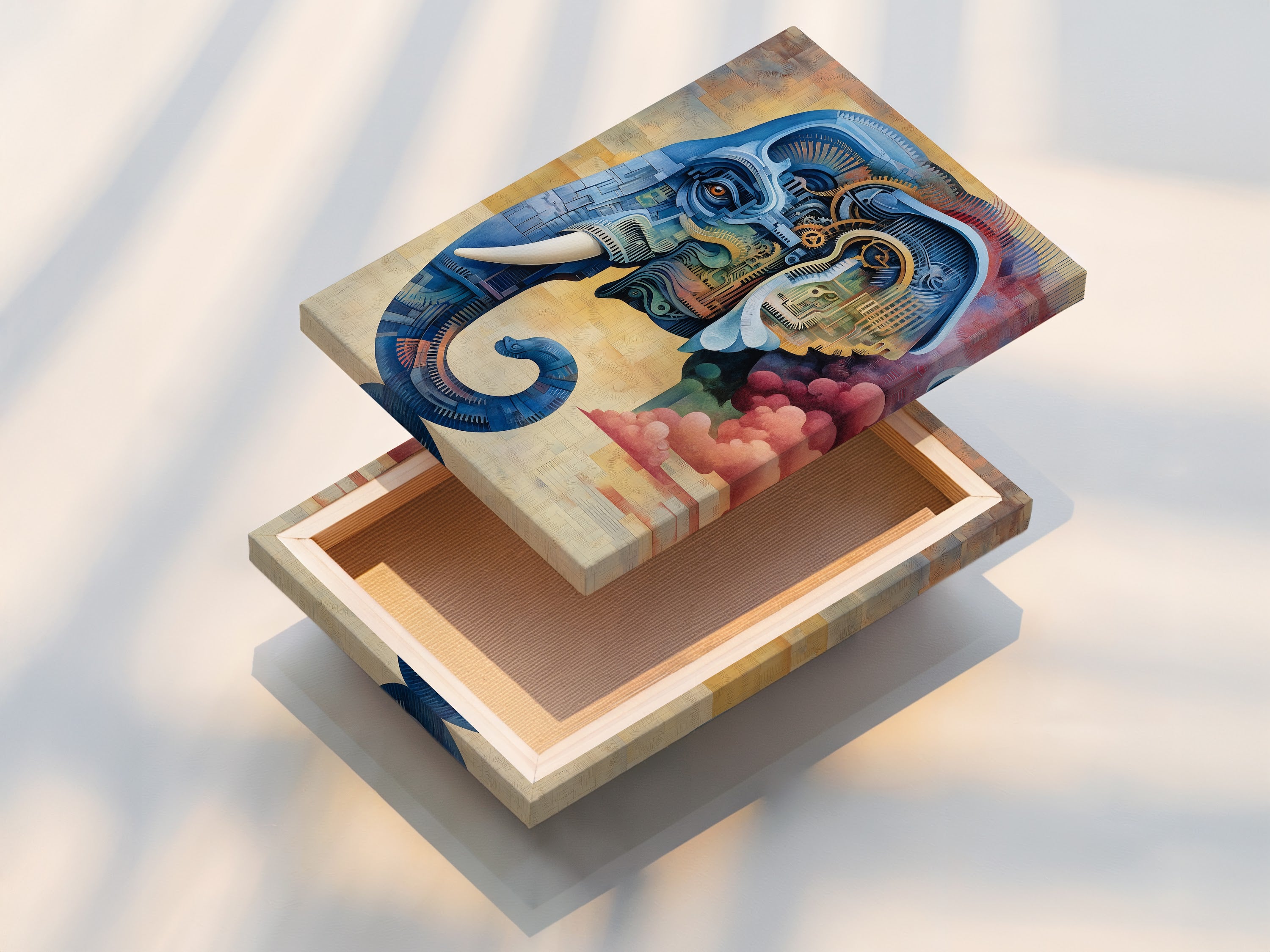 Stretched canvas print of a steampunk elephant artwork. The mechanical animal is rendered in blue and pink hues. This industrial wall art is perfect for adding a unique touch to your living space. Ideal for art collectors and steampunk enthusiasts.