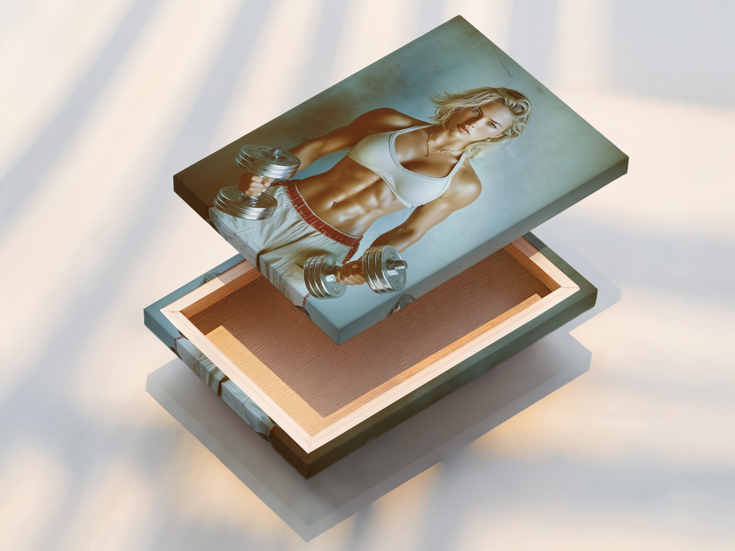 The stretched canvas print of the Fitness Motivation artwork is displayed. This artwork features a strong woman holding dumbbells. The stretched canvas provides a ready-to-hang solution. Perfect for home gym decor and fitness studios.