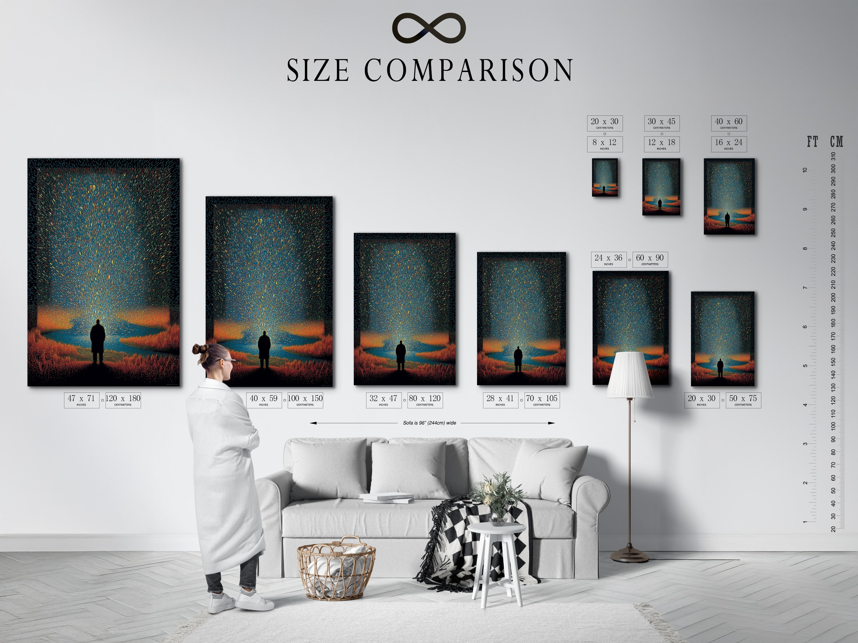 Size comparison chart in an interior setting. This chart shows available sizes for art prints. See how different sizes look in a room. Choose the perfect size for your space and artwork.