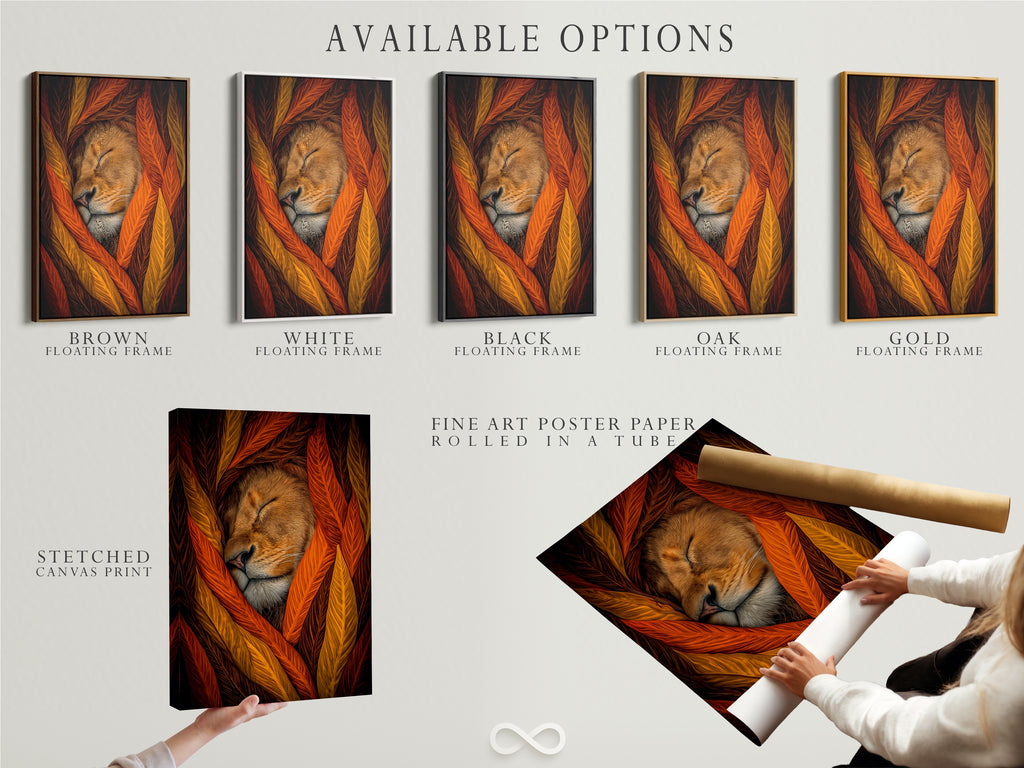 Available options are showcased including a stretched canvas print fine art poster paper and floating frame. Displaying the sleeping lion artwork. Choose the perfect option for your rustic earth tone decor.