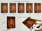 Available options are showcased including a stretched canvas print fine art poster paper and floating frame. Displaying the sleeping lion artwork. Choose the perfect option for your rustic earth tone decor.