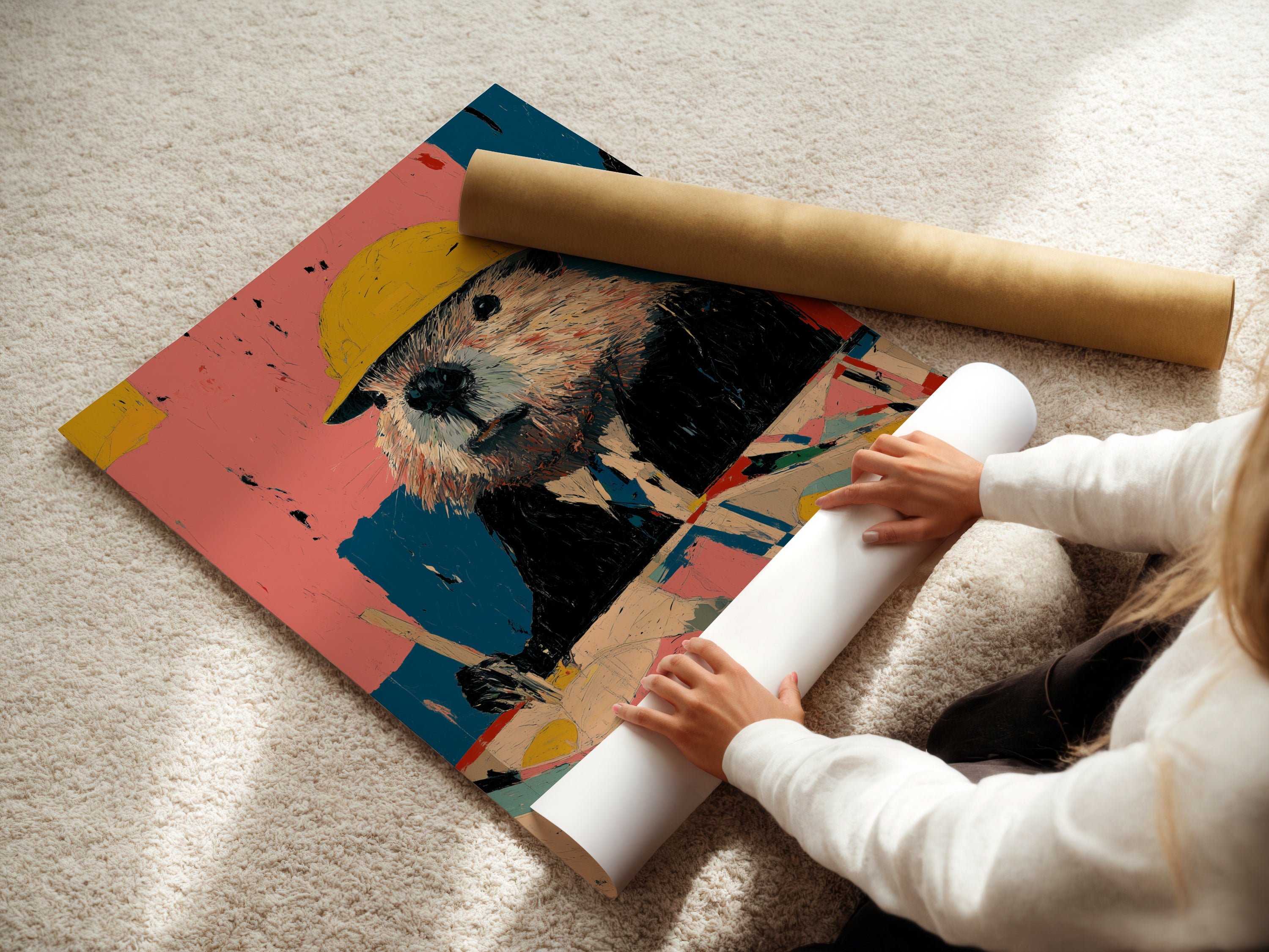 A woman is carefully rolling a fine art poster paper. The high-quality material ensures a perfect print of the beaver construction worker artwork. Ideal for creating stunning retro wall art and vintage animal prints.