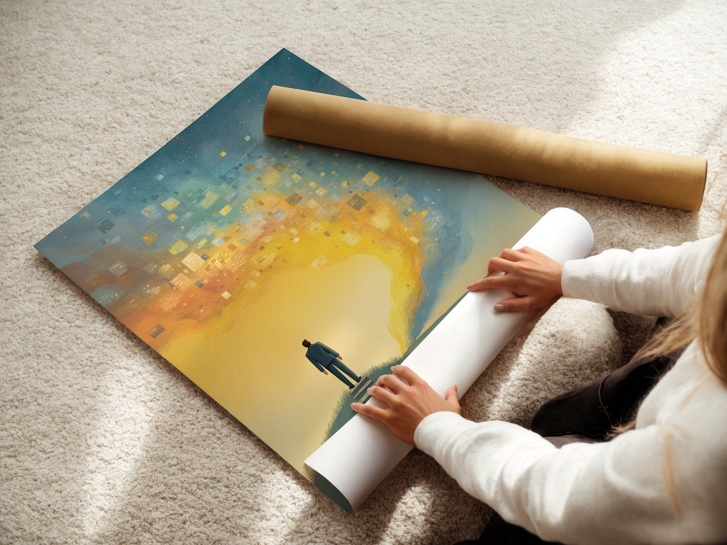 A woman is carefully rolling a fine art poster paper of the Surreal Journey artwork.  The artwork shows a figure on a path. This fine art poster paper ensures high-quality prints. It is perfect for homeowners renters and business owners looking for elevated art.