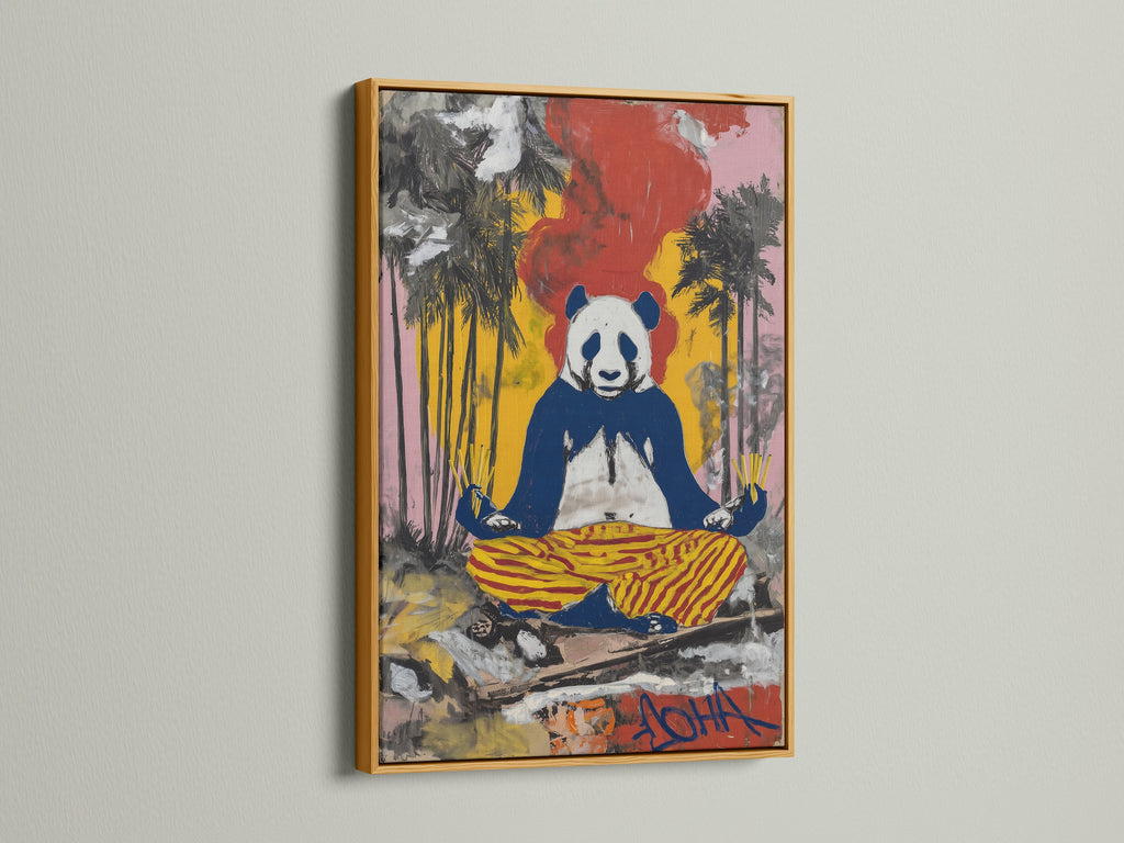 Zen Panda Canvas Print with a gold frame. This spiritual art enhances any living space. The graffiti style art brings a unique touch. It is a perfect animal meditation piece for a zen atmosphere.