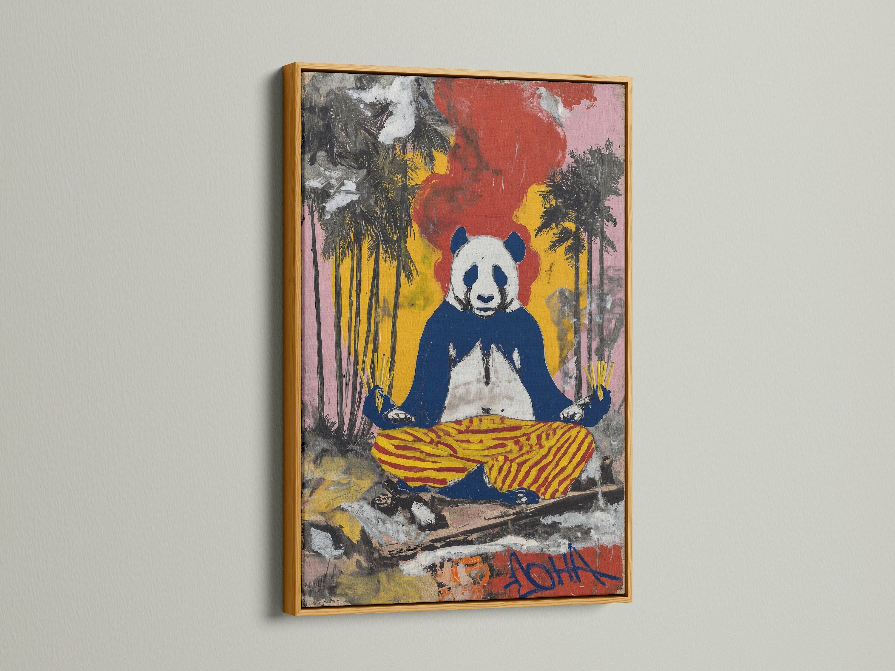 Zen Panda Canvas Print with a gold frame. This spiritual art enhances any living space. The graffiti style art brings a unique touch. It is a perfect animal meditation piece for a zen atmosphere.
