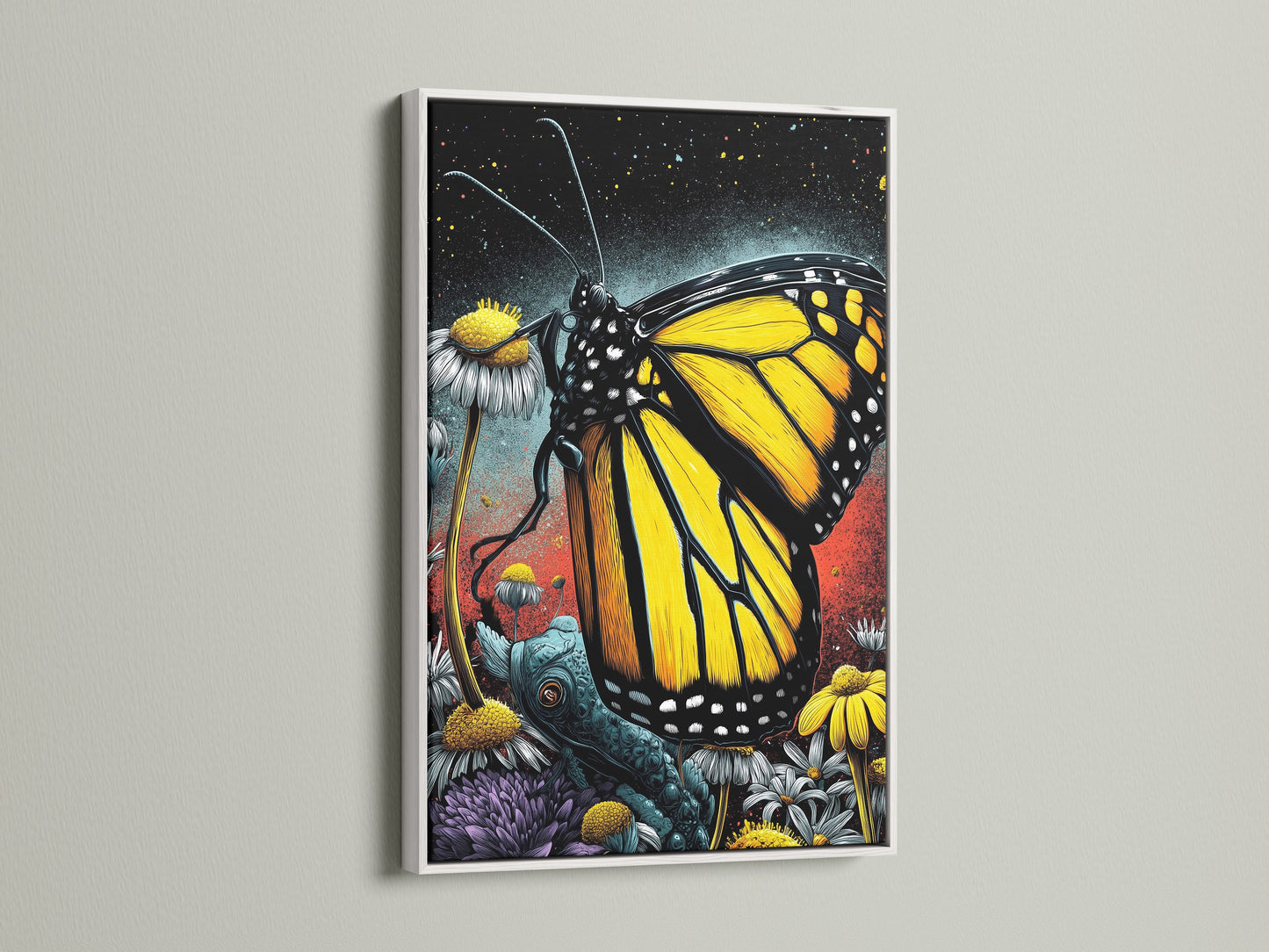 Whimsical Monarch Butterfly art print in a white frame. The floral insect canvas creates a nature-filled space. Ideal for living rooms bedrooms offices studios lobbies clinics cafes and boutiques. This is modern yellow wall decor.