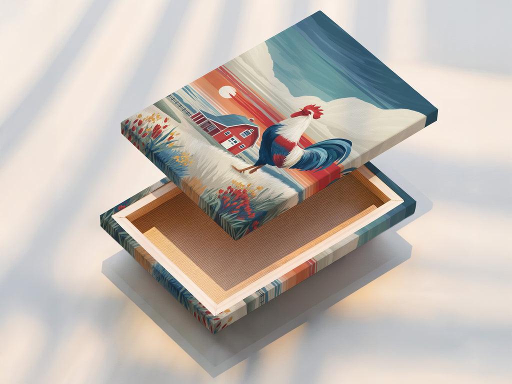 A stretched canvas print of a rooster and barn landscape. This farmhouse wall art is ready to hang. The vibrant colors enhance any room. Perfect for country kitchens or dining rooms. This canvas print brings rustic charm to your home.