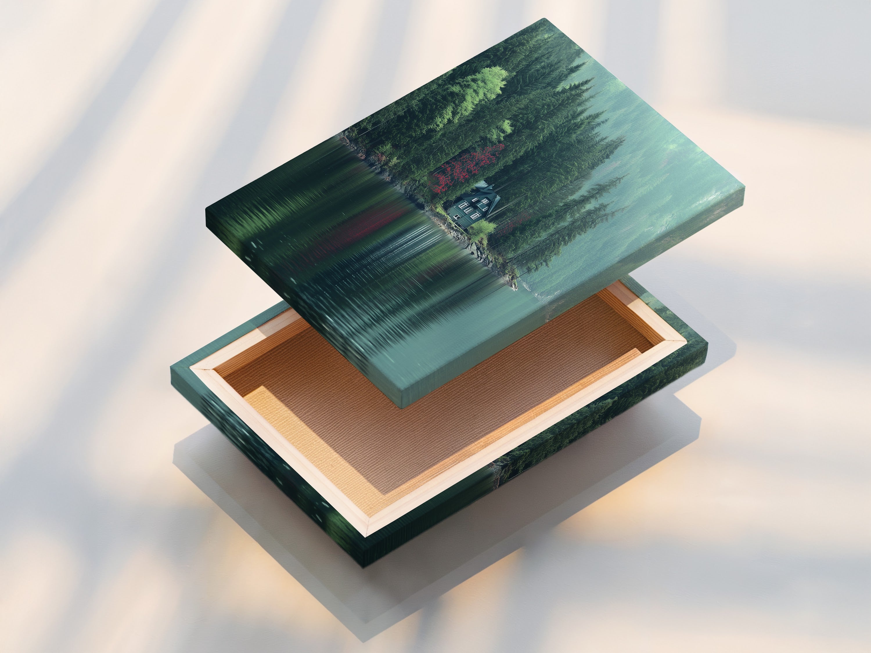 A stretched canvas print of the Lakeside Cabin artwork is displayed. The artwork shows a vibrant and detailed view of the cabin by the lake and forest. The stretched canvas provides a gallery-ready look. Ideal for adding a touch of modern tranquility to your living room wall art.