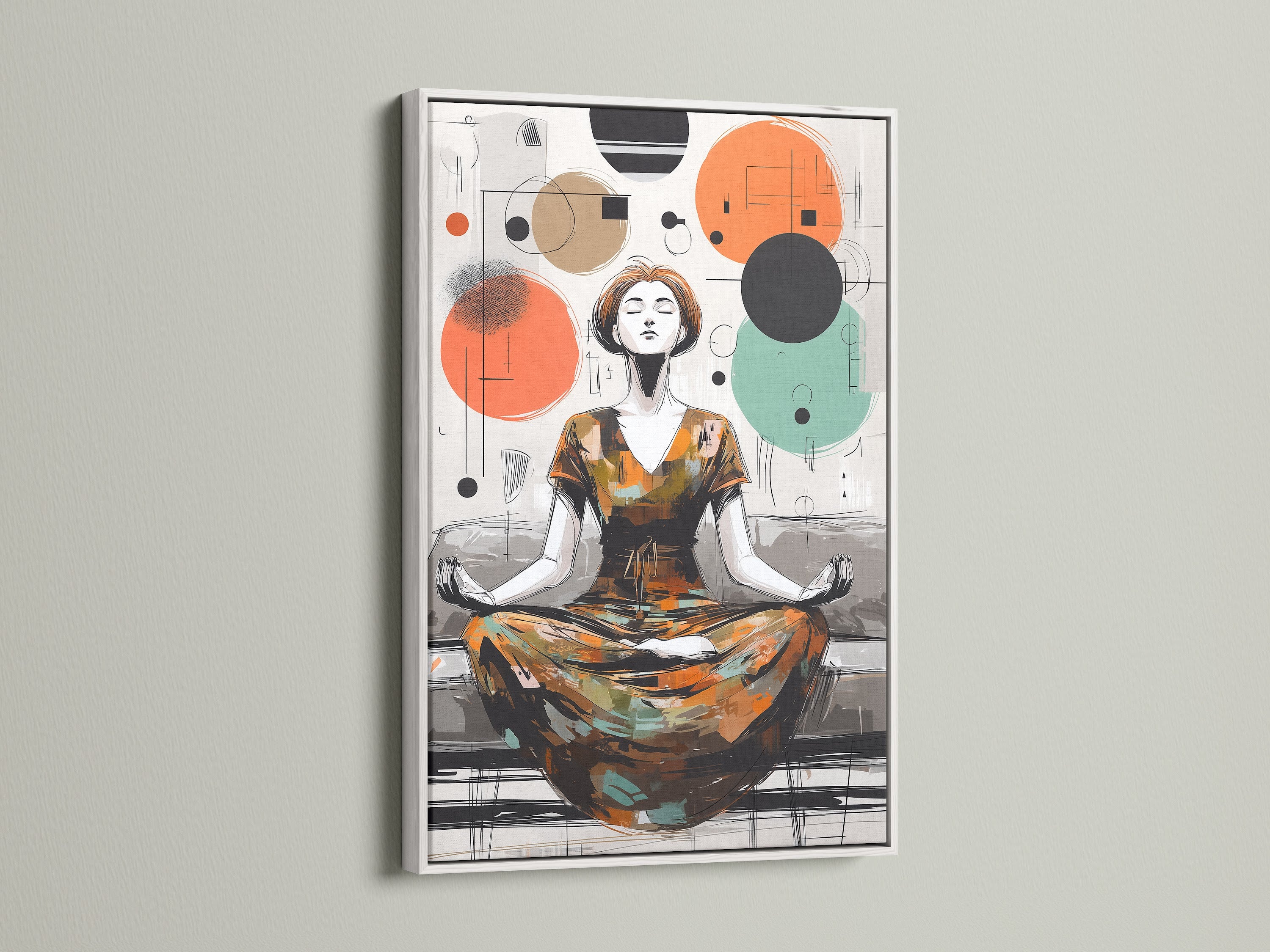 Abstract Meditation Art Print showcased in a white frame. This artwork provides peaceful wall decor. The white frame offers a clean contemporary look. Ideal for creating a calming atmosphere in your home or studio.