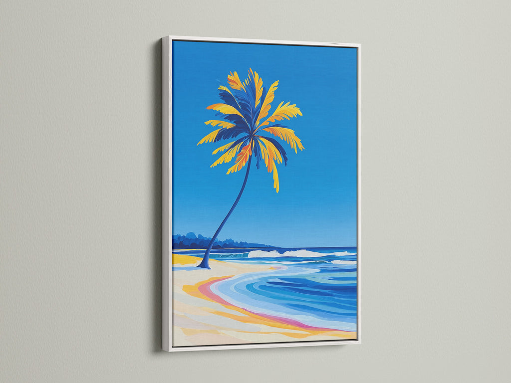 Tropical coastal canvas print with a white frame. The artwork depicts a palm tree beach scene. This ocean wave art brings a fresh nautical decor element to your space. The white frame offers a clean modern look for this beach wall decor.