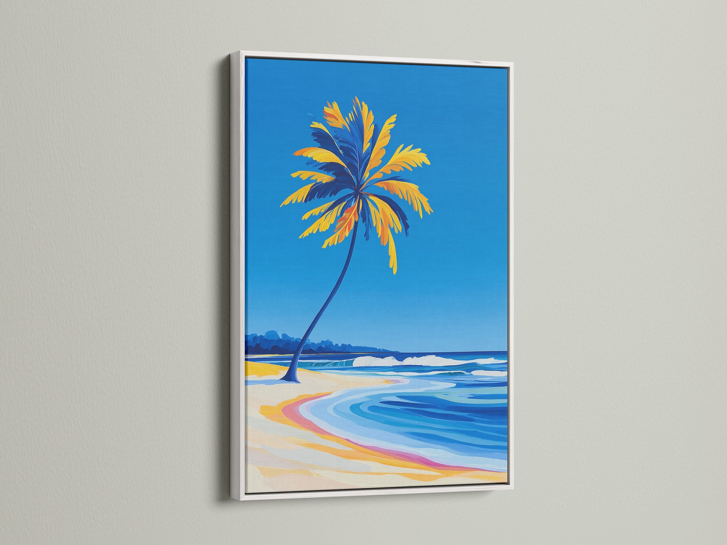 Tropical coastal canvas print with a white frame. The artwork depicts a palm tree beach scene. This ocean wave art brings a fresh nautical decor element to your space. The white frame offers a clean modern look for this beach wall decor.