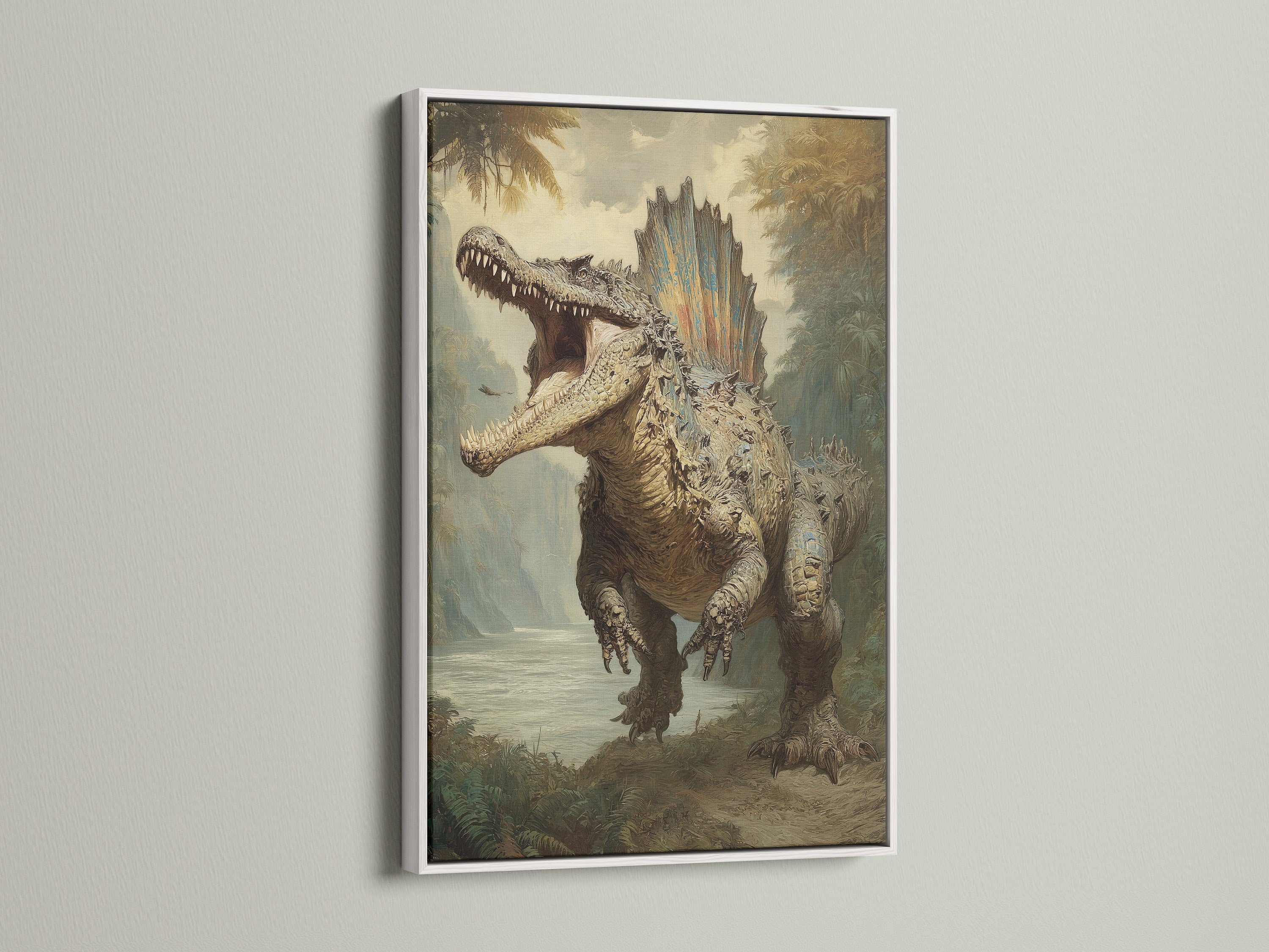 Dinosaur artwork in a white frame. The artwork features a large dinosaur roaring in a prehistoric landscape. The white frame offers a clean modern look. This framed art brightens your space with a touch of sophistication. Ideal for contemporary interiors.