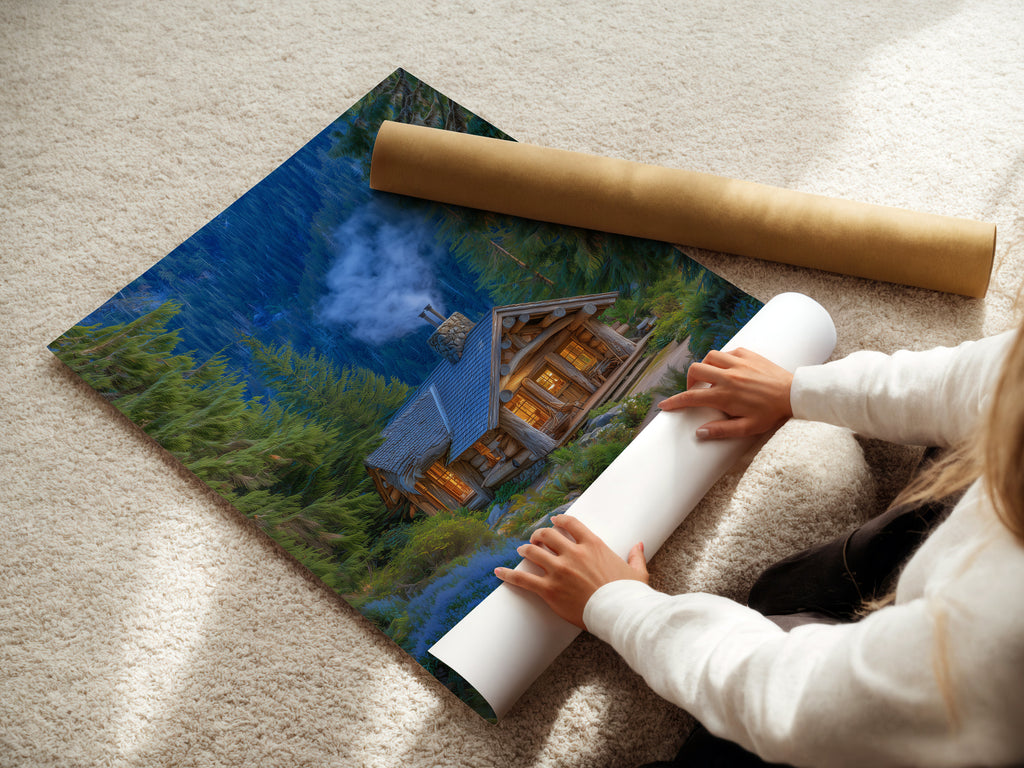 A woman is carefully rolling a fine art poster paper. Preparing it for framing or display. The poster features forest cabin artwork a cozy mountain lodge nestled among pine trees. This fine art poster is ideal for cabin owners and outdoor enthusiasts seeking rustic wall decor.