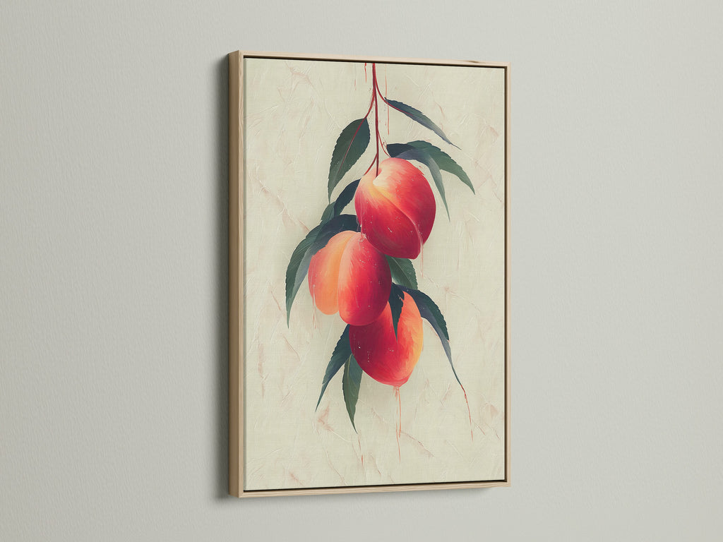 View this elegant oak frame that enhances a peach fruit botanical wall art. The natural wood tone complements kitchen decor and farmhouse artwork. This art piece is designed to bring warmth to any room. Discover the charm of this framed art.