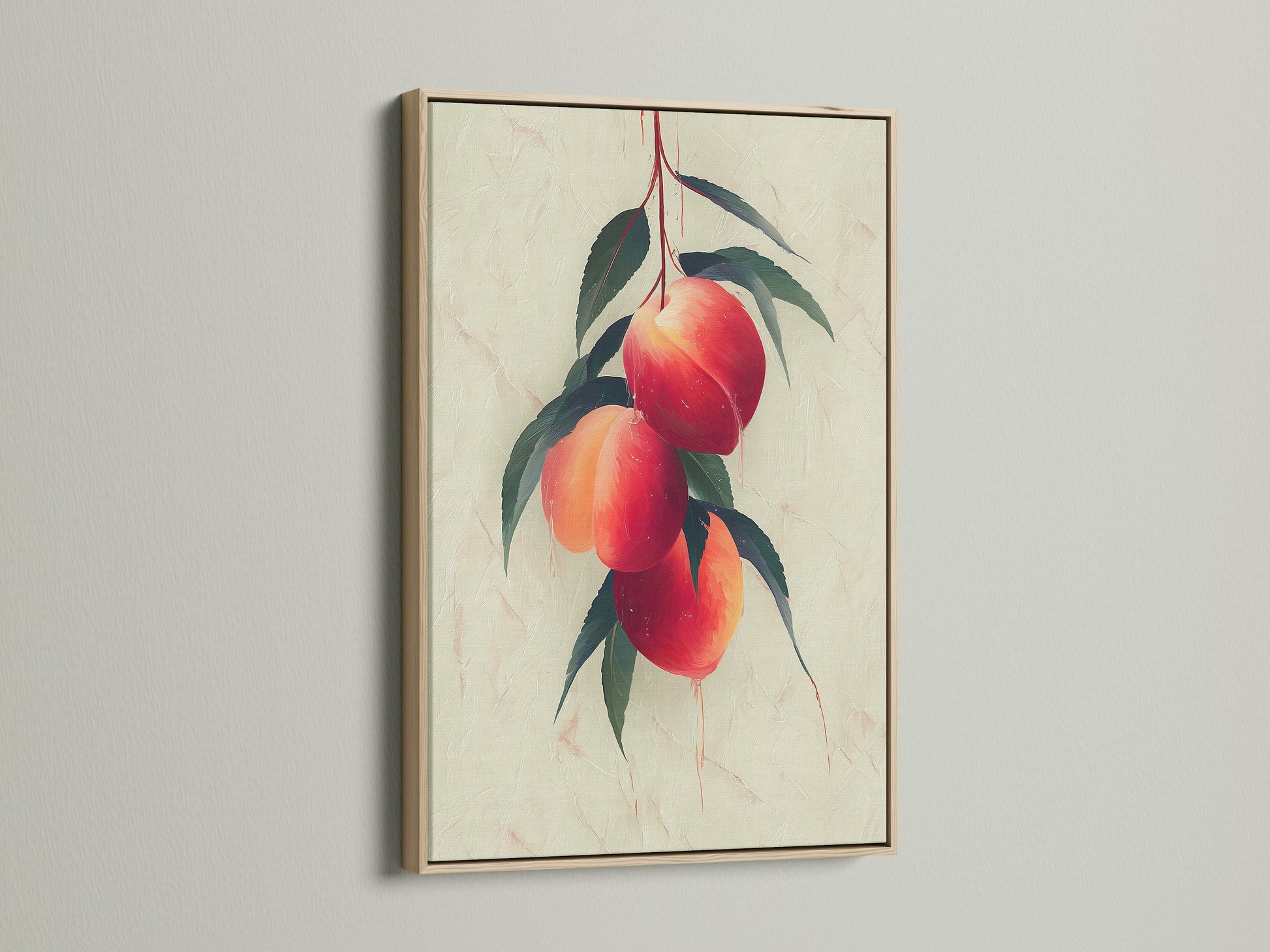 View this elegant oak frame that enhances a peach fruit botanical wall art. The natural wood tone complements kitchen decor and farmhouse artwork. This art piece is designed to bring warmth to any room. Discover the charm of this framed art.