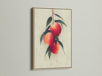 View this elegant oak frame that enhances a peach fruit botanical wall art. The natural wood tone complements kitchen decor and farmhouse artwork. This art piece is designed to bring warmth to any room. Discover the charm of this framed art.