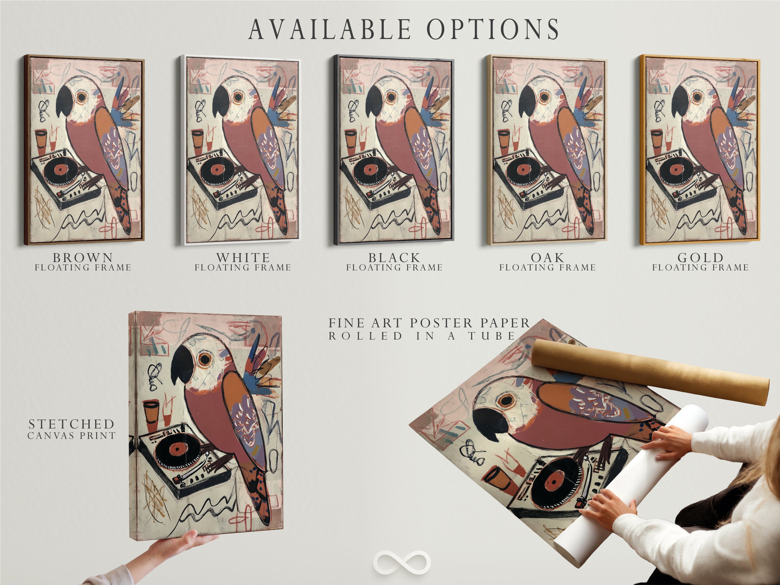 Available options for the Vintage Parrot DJ Artwork. Choose from a stretched canvas print a fine art poster or a floating frame. Add a retro touch to your music room decor. Perfect for any style.