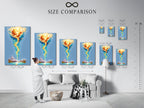 Size comparison chart in a stylish interior setting. Visualize how the fire water art fits your space. Choose the perfect dimensions for your spiritual wall art. Find the ideal size for your elemental canvas.