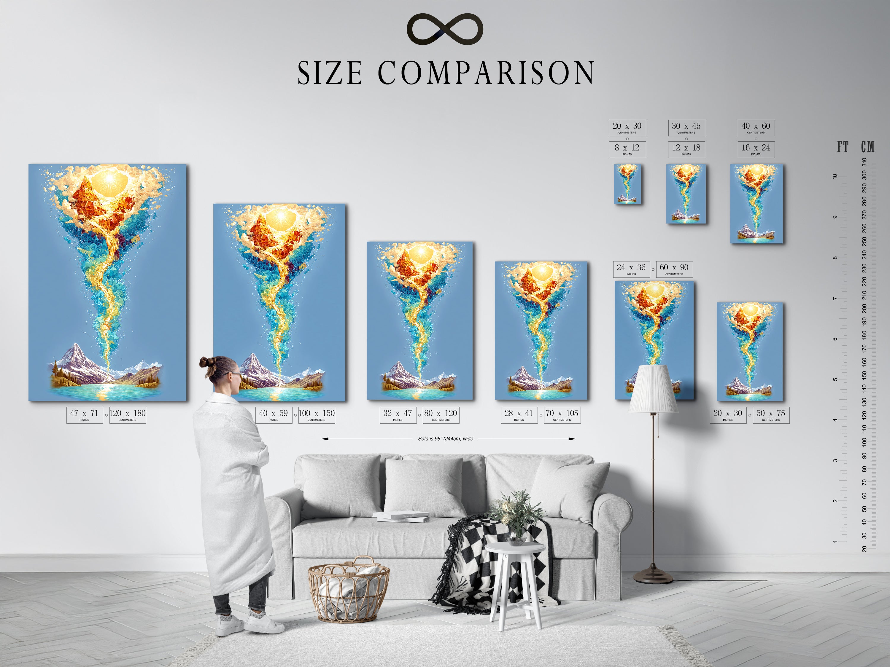 Size comparison chart in a stylish interior setting. Visualize how the fire water art fits your space. Choose the perfect dimensions for your spiritual wall art. Find the ideal size for your elemental canvas.