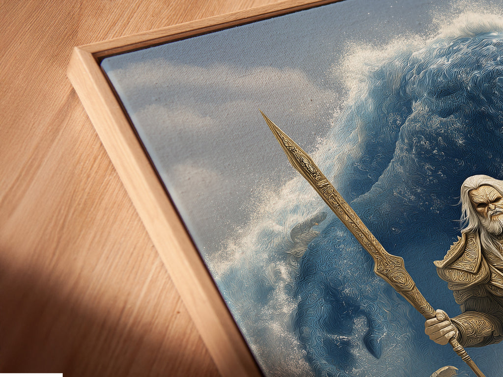 A close-up angled view of a canvas print in a floating frame. The artwork depicts Norse Mythology Wall Artwork with Poseidon Sea God. The floating frame enhances the artwork's contemporary style. It is Ideal for modern interiors.