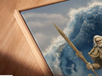 A close-up angled view of a canvas print in a floating frame. The artwork depicts Norse Mythology Wall Artwork with Poseidon Sea God. The floating frame enhances the artwork's contemporary style. It is Ideal for modern interiors.