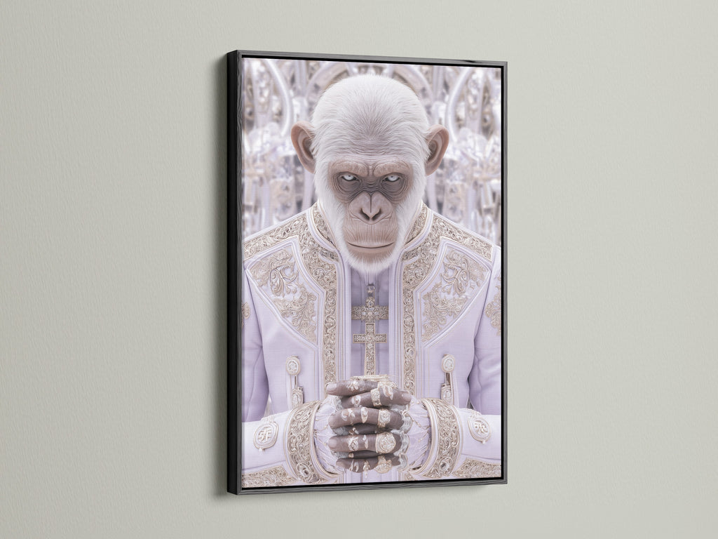 The Monkey Pope artwork is showcased in a sleek black frame. This animal portrait is a striking piece of satire art. The black frame adds a touch of sophistication. This contemporary canvas is ideal for modern spaces. The artwork creates a thought-provoking atmosphere in living rooms or offices. This piece is a perfect conversation starter.
