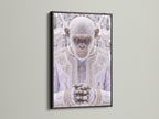 The Monkey Pope artwork is showcased in a sleek black frame. This animal portrait is a striking piece of satire art. The black frame adds a touch of sophistication. This contemporary canvas is ideal for modern spaces. The artwork creates a thought-provoking atmosphere in living rooms or offices. This piece is a perfect conversation starter.