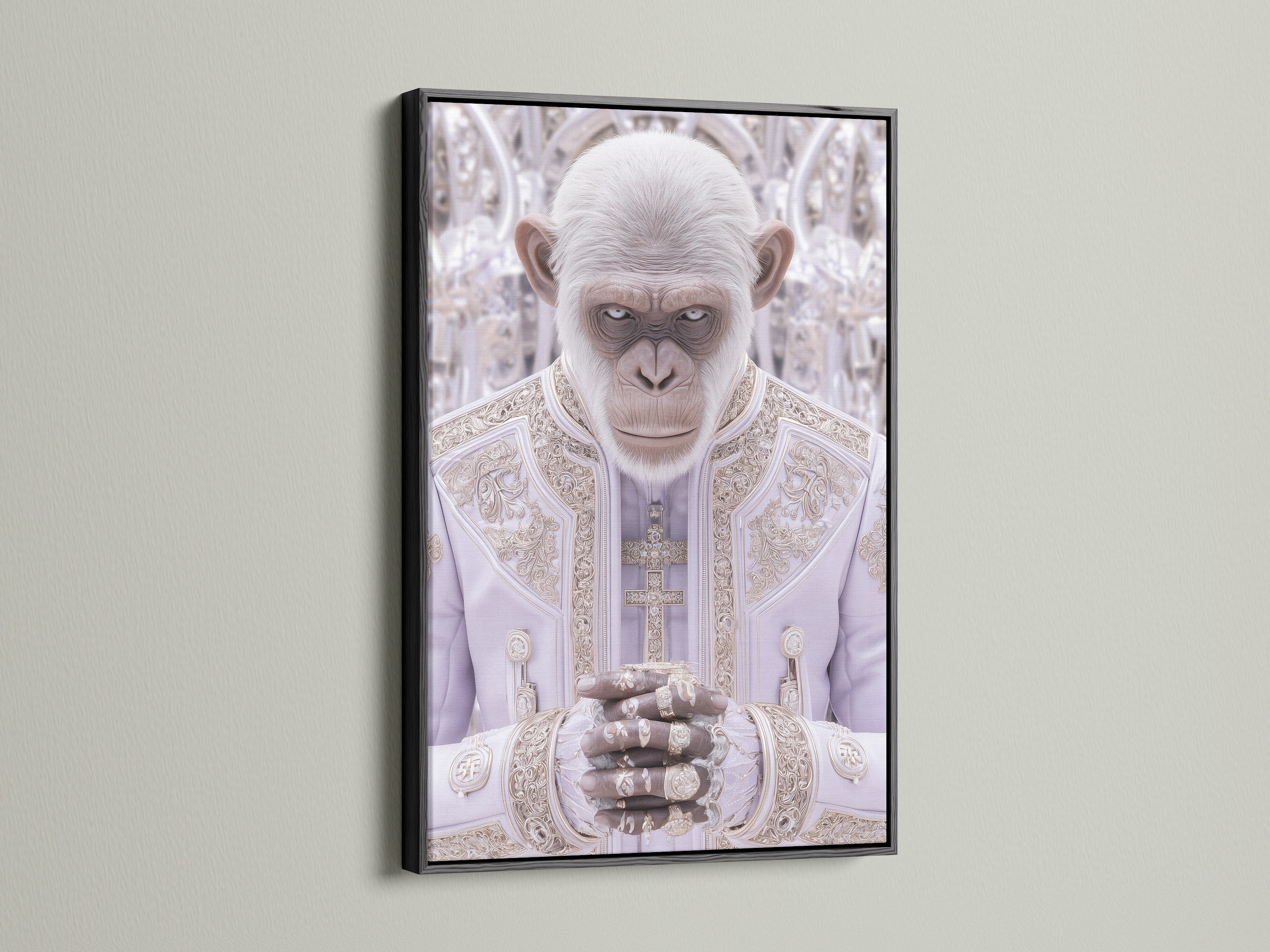 The Monkey Pope artwork is showcased in a sleek black frame. This animal portrait is a striking piece of satire art. The black frame adds a touch of sophistication. This contemporary canvas is ideal for modern spaces. The artwork creates a thought-provoking atmosphere in living rooms or offices. This piece is a perfect conversation starter.