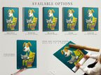 Available options for the 'Dog on Toilet' artwork are displayed. Choose from a stretched canvas print or fine art poster paper. Select a floating frame to complete the look. Customize your artwork to perfection.