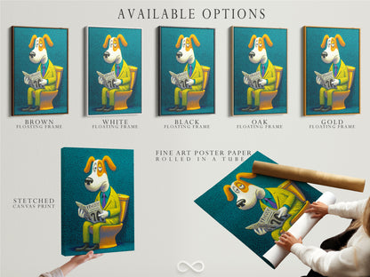 Available options for the 'Dog on Toilet' artwork are displayed. Choose from a stretched canvas print or fine art poster paper. Select a floating frame to complete the look. Customize your artwork to perfection.