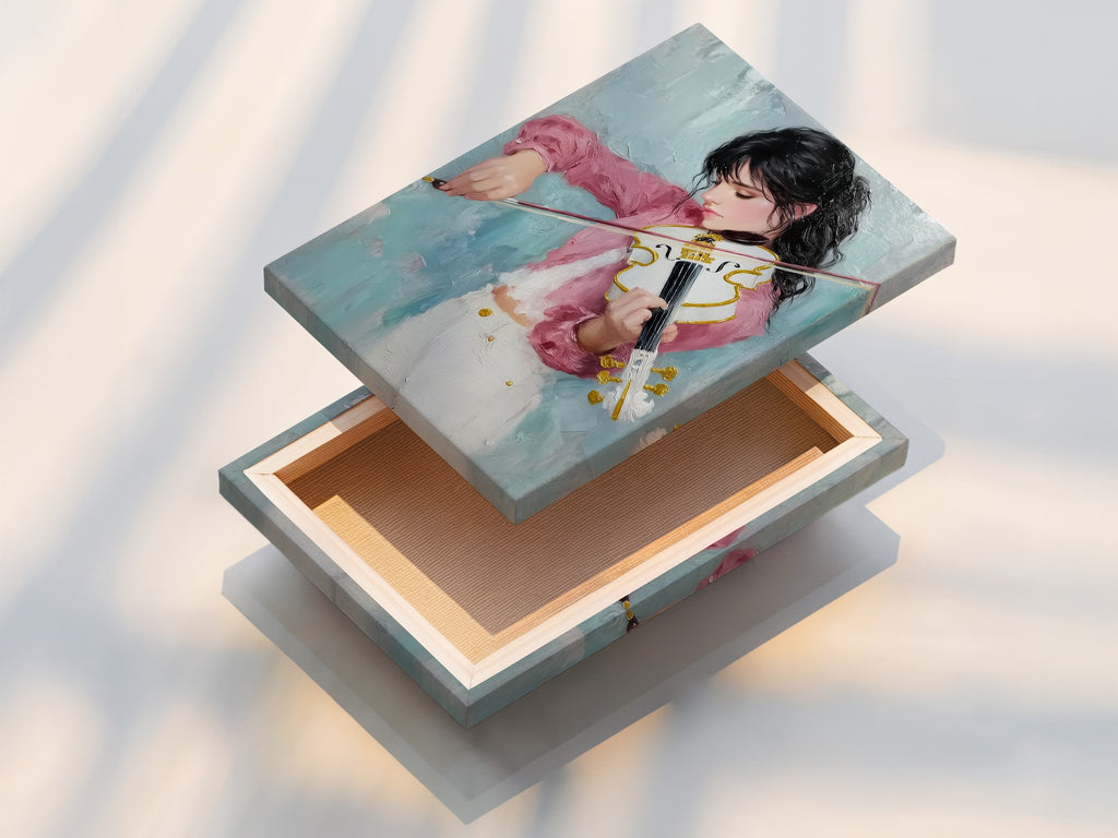 A stretched canvas print of the violinist artwork is displayed. The pink and teal wall artwork adds a modern touch. This is an ideal piece for music rooms. The canvas print makes a perfect gift for musicians. This artwork enhances any interior setting.