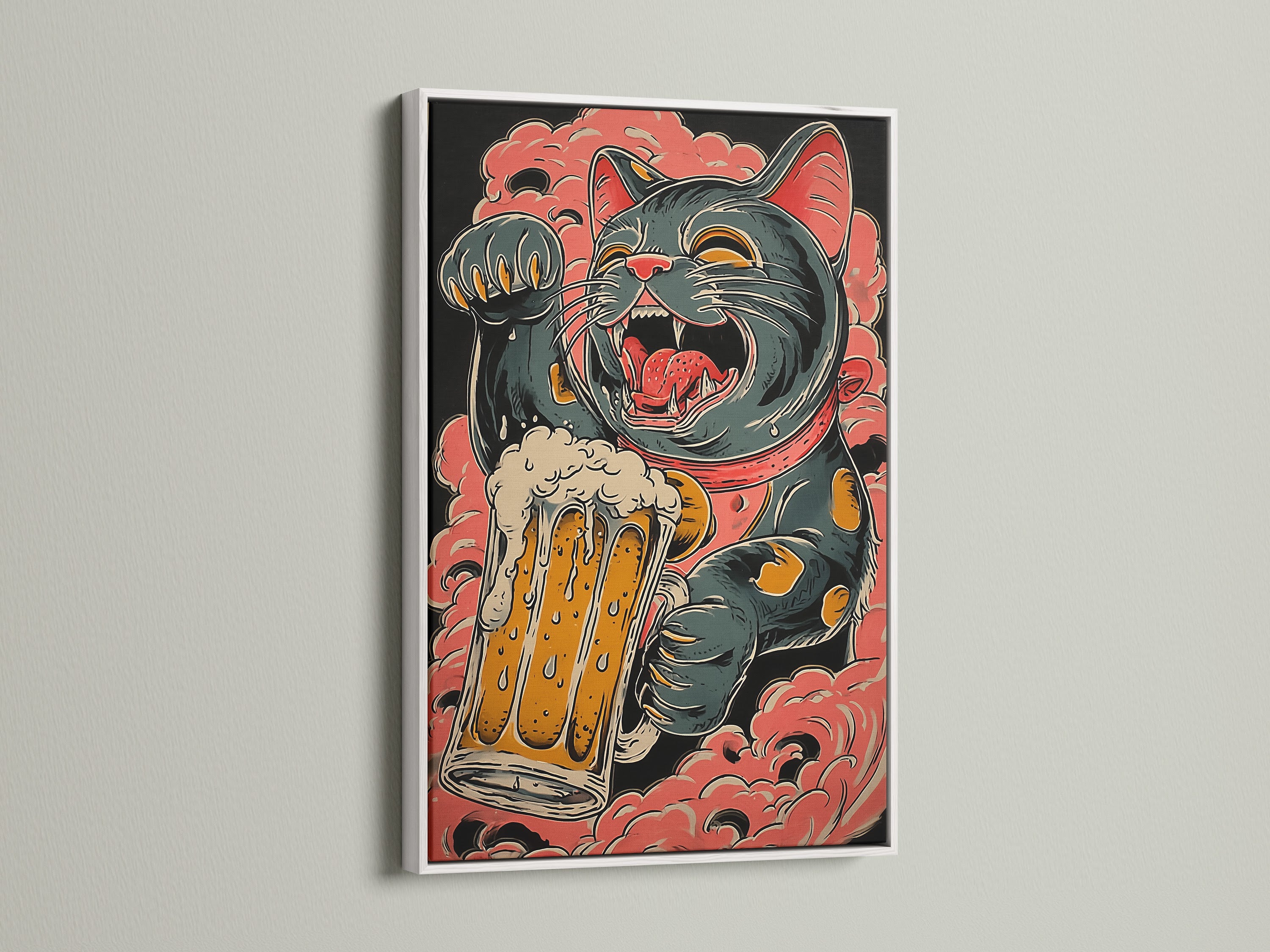 Artwork displayed in a white frame. The artwork features a cat holding a beer mug. This frame offers a clean and modern look. It enhances any artwork with its simplicity.