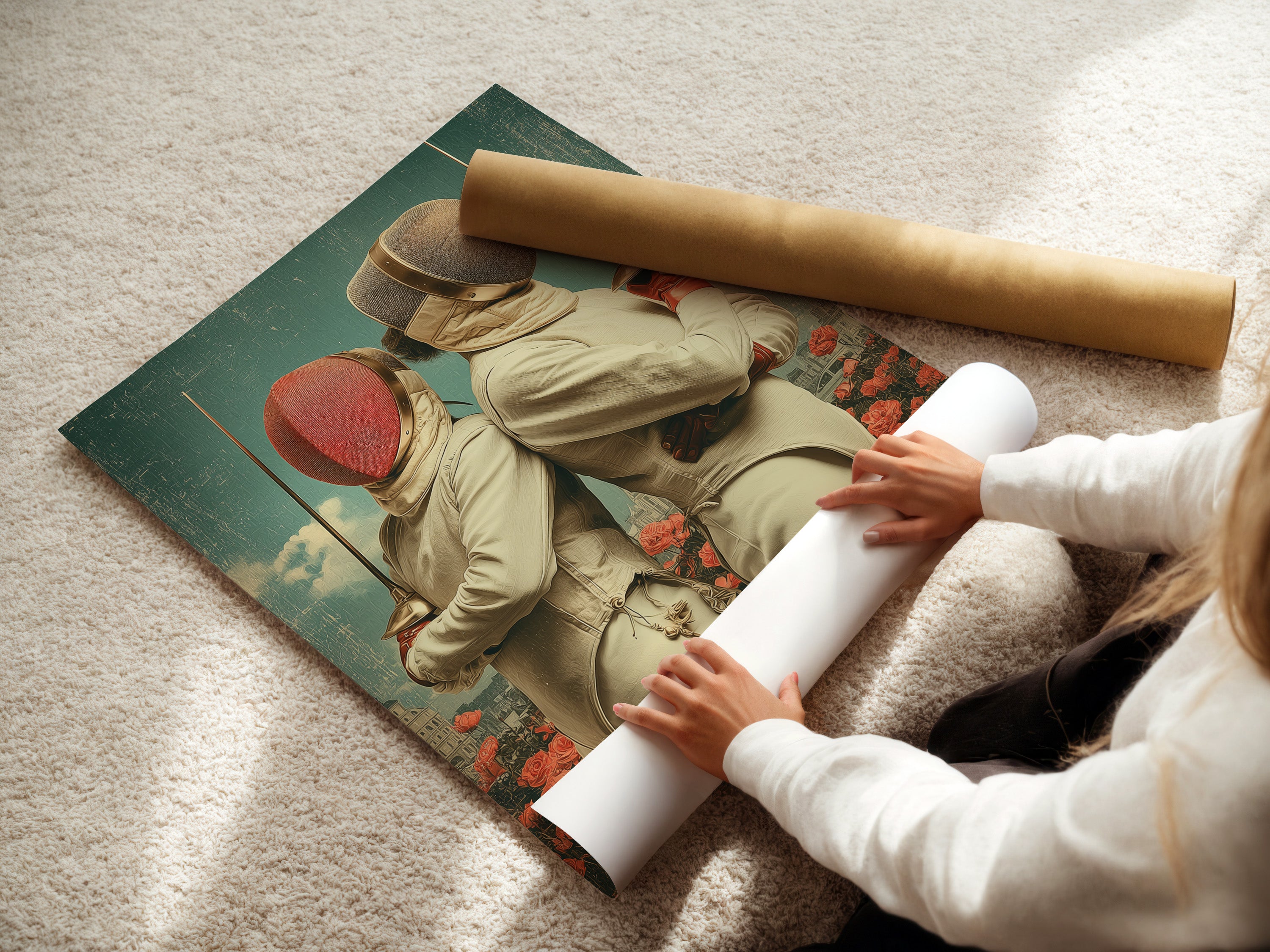 A woman is carefully rolling a fine art poster paper. The paper displays vintage fencing artwork. This retro athletic art is perfect for sports enthusiasts. It adds a touch of vintage charm to any space.