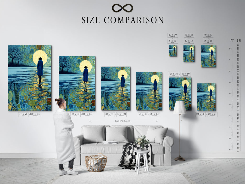 Size comparison chart of Moonlight Reflection artwork in an interior setting. See how different sizes fit your space. Visualize the artwork in your home. Choose the perfect size for your wall. Make a statement with your art.