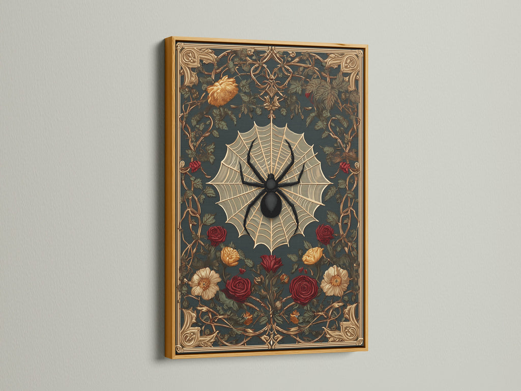 A gold-framed artwork on display. The artwork features a spider on a web surrounded by roses. The gold frame adds a touch of elegance. It enhances the visual appeal of the art. Ideal for adding a luxurious feel.