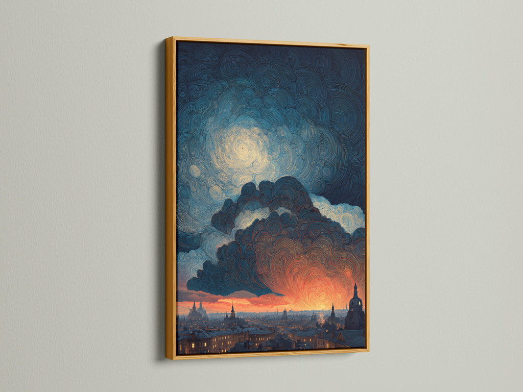 See the Swirling Sky artwork in a gold frame. This frame adds a touch of luxury to the Van Gogh style cityscape. The swirling clouds and city lights are beautifully enhanced. Gold frames add elegance to any space. Perfect for living rooms bedrooms and offices.