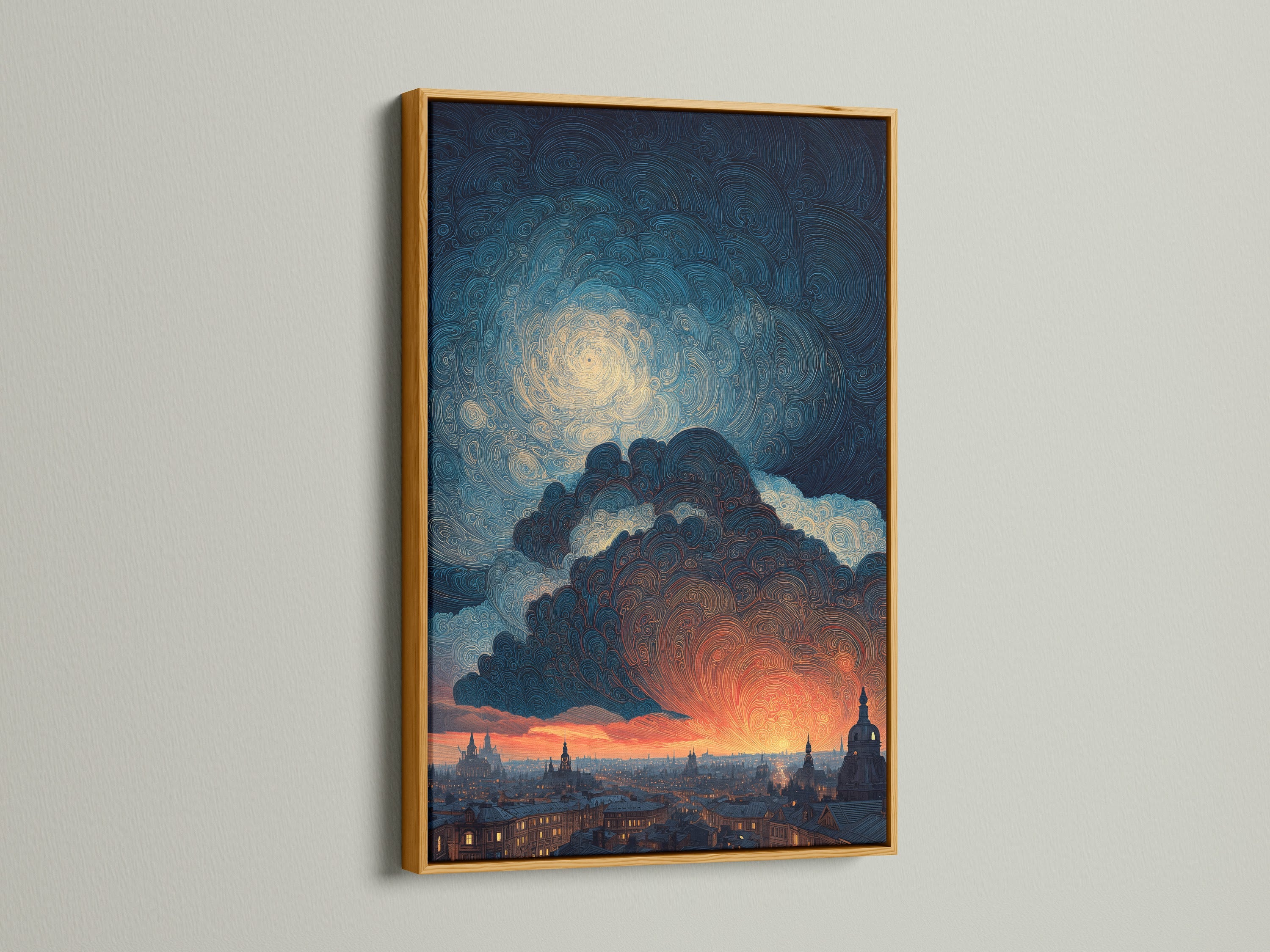 See the Swirling Sky artwork in a gold frame. This frame adds a touch of luxury to the Van Gogh style cityscape. The swirling clouds and city lights are beautifully enhanced. Gold frames add elegance to any space. Perfect for living rooms bedrooms and offices.