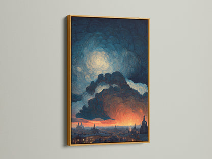 See the Swirling Sky artwork in a gold frame. This frame adds a touch of luxury to the Van Gogh style cityscape. The swirling clouds and city lights are beautifully enhanced. Gold frames add elegance to any space. Perfect for living rooms bedrooms and offices.