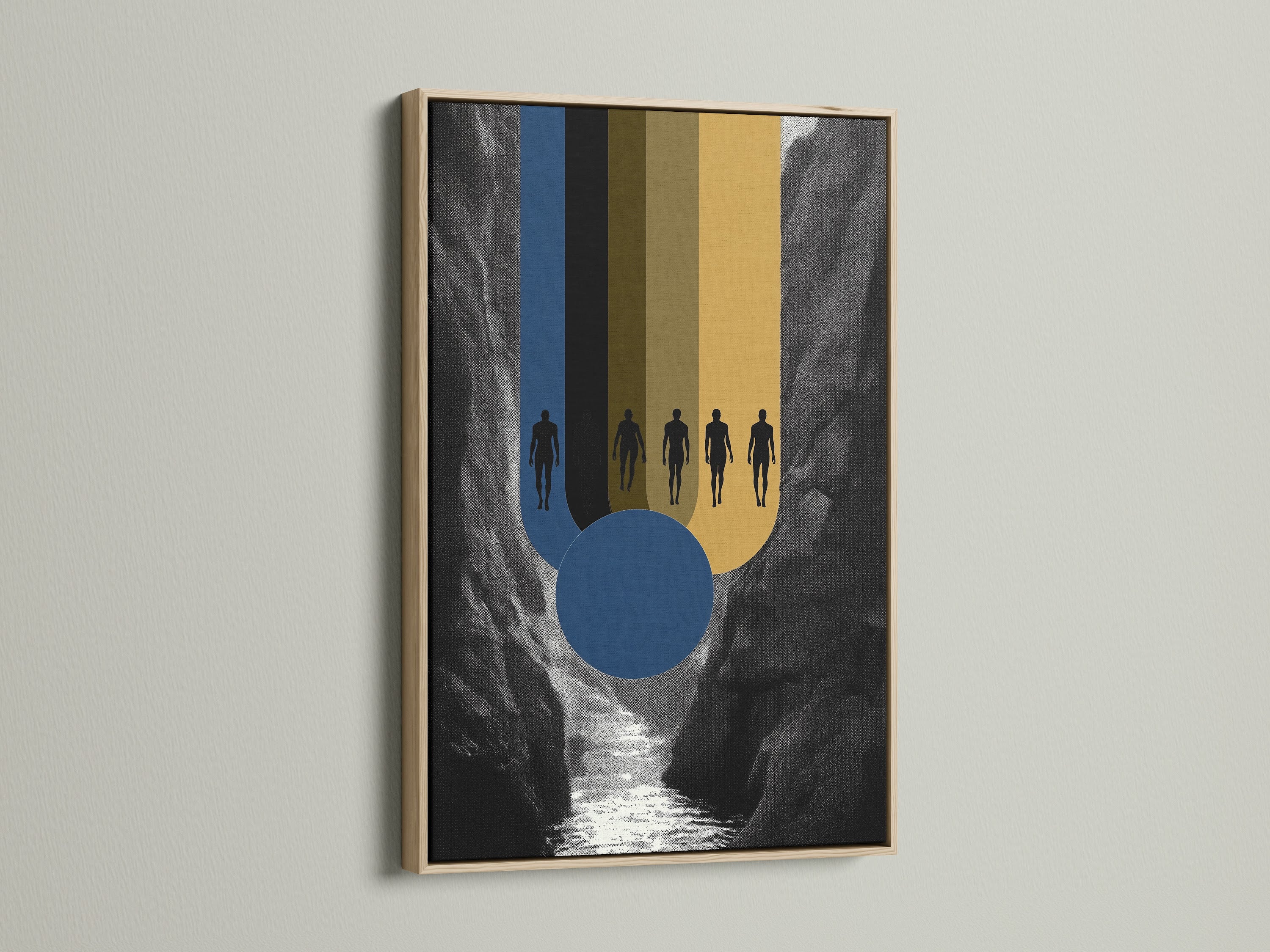 Abstract Figures Canvas Print in an oak frame. The artwork showcases a mountain river scene. A perfect piece of modern wall art. Elevate your living room bedroom or office with this contemporary print.