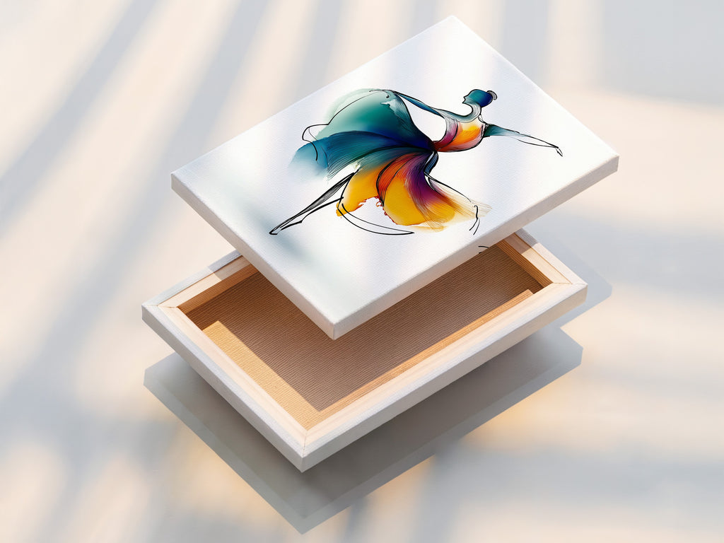 This is a stretched canvas print of a ballet dancer artwork. The abstract watercolor print features blue and orange. It is a contemporary piece ideal for dance studio decor. Perfect for modern wall art and ballerina print enthusiasts.