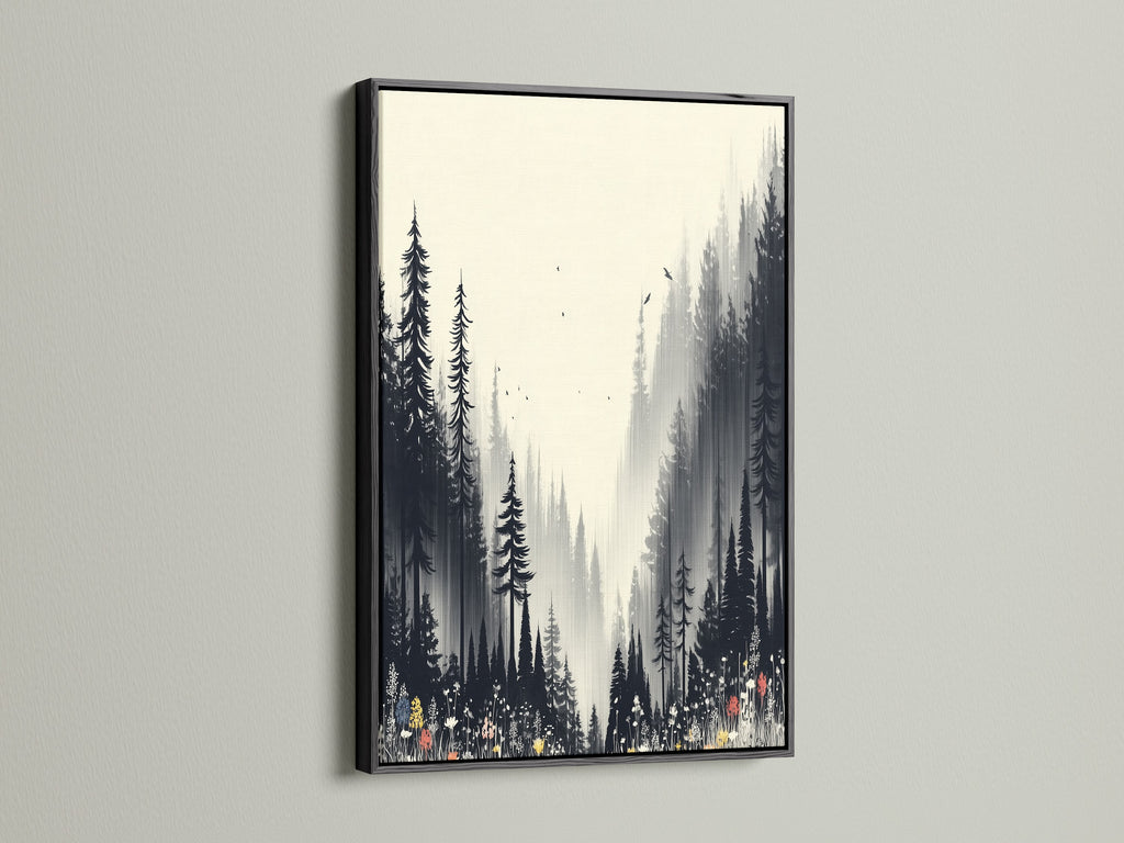 A striking black frame accentuates this forest artwork. The nature print captures a misty woodland scene. Its monochrome palette suits modern interiors. Enhance your space with this black and white nature artwork. See how forest wall art transforms a room.