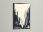 A striking black frame accentuates this forest artwork. The nature print captures a misty woodland scene. Its monochrome palette suits modern interiors. Enhance your space with this black and white nature artwork. See how forest wall art transforms a room.