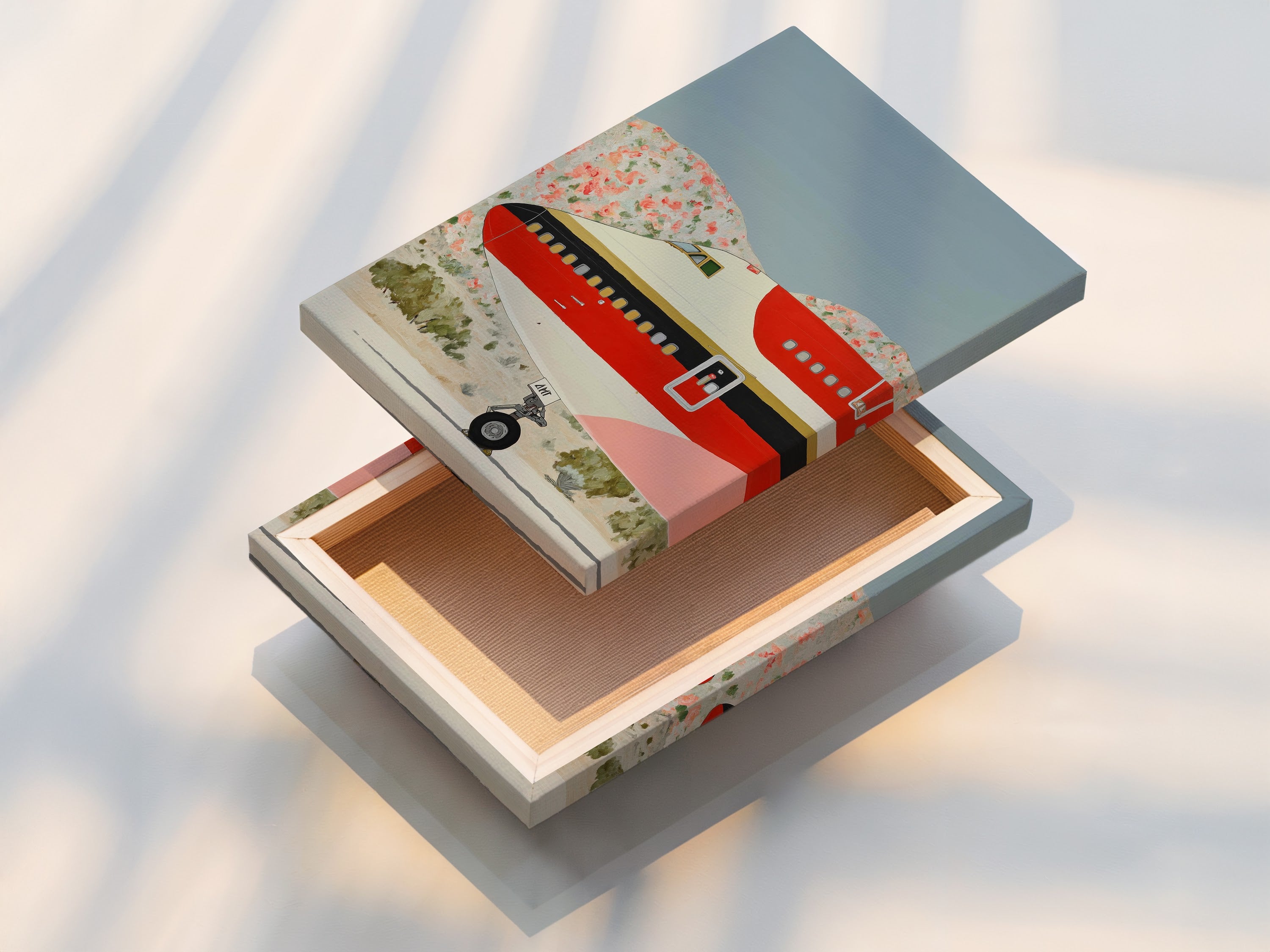 A stretched canvas print featuring vintage airplane art. This retro aviation art is ready to hang. The mid century print is stretched perfectly. It creates a seamless airplane wall art piece. Ideal for aviation decor enthusiasts.