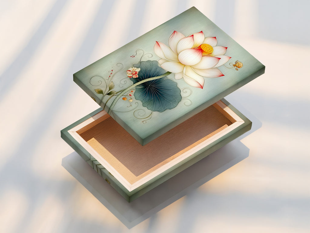 A stretched canvas print of a Lotus Flower artwork. The teal wall decor is perfect for clinics spas and offices. This Asian inspired wall art creates a peaceful atmosphere. Discover floral home decor to enhance your space.