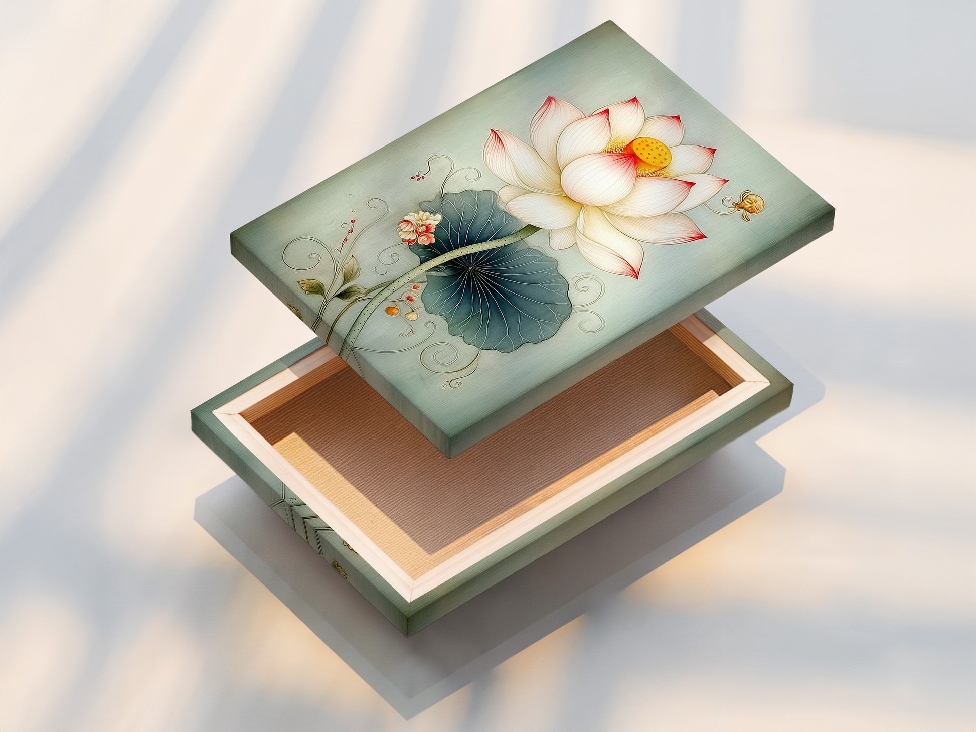 A stretched canvas print of a Lotus Flower artwork. The teal wall decor is perfect for clinics spas and offices. This Asian inspired wall art creates a peaceful atmosphere. Discover floral home decor to enhance your space.
