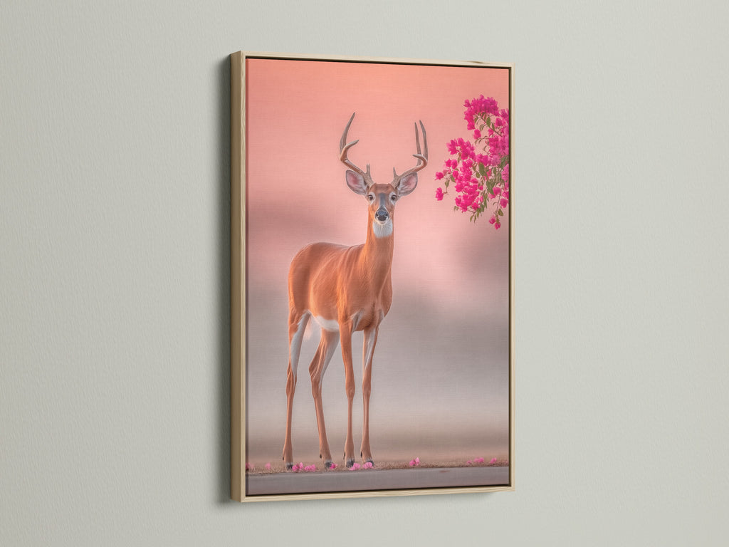 The oak frame enhances the deer artwork. This wildlife canvas brings nature indoors. Pink floral antlers add a touch of whimsy. A perfect nature photography print for bedroom wall decor. The oak frame complements contemporary styles. Animal canvas is ideal for art lovers.