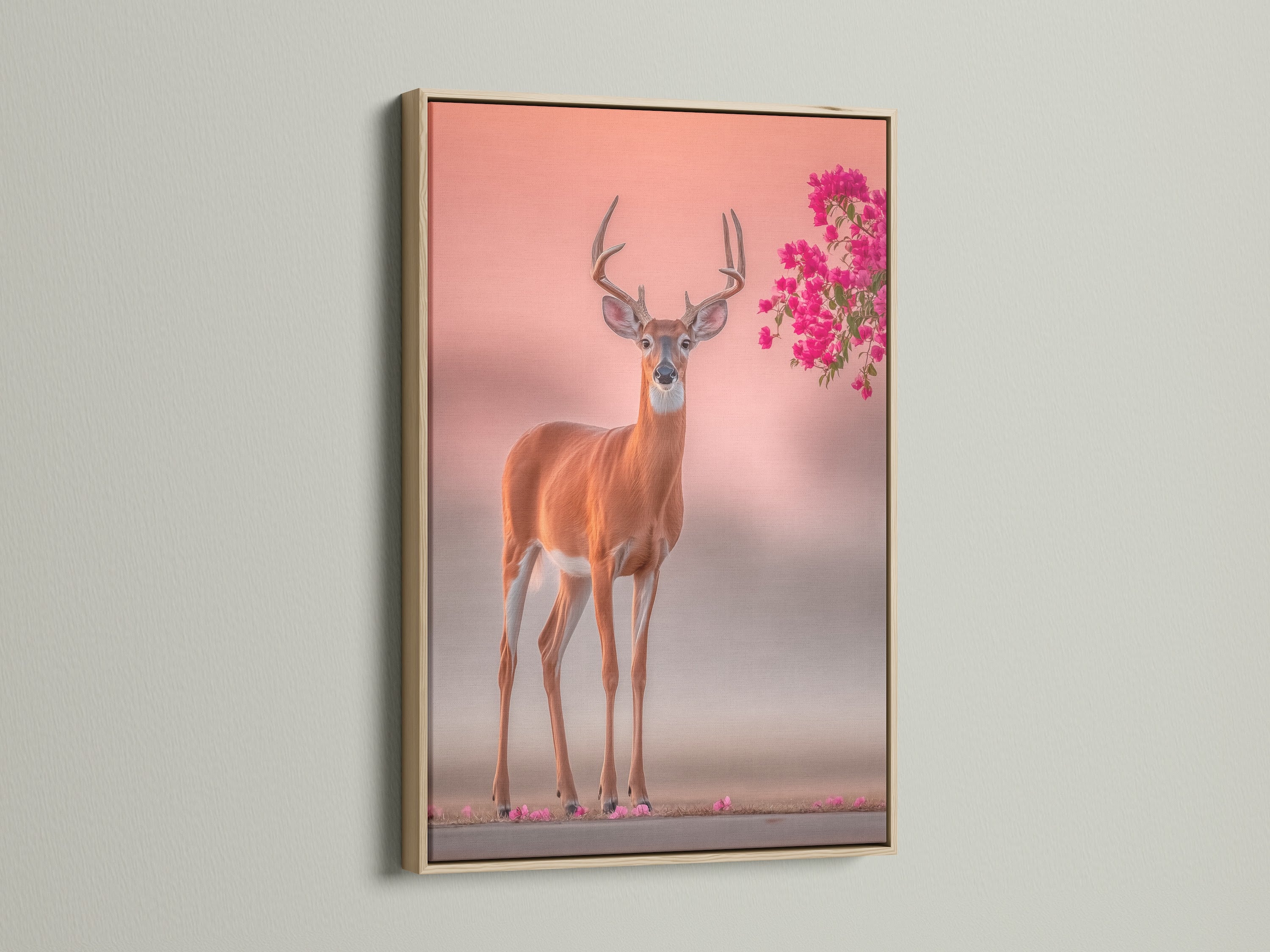 The oak frame enhances the deer artwork. This wildlife canvas brings nature indoors. Pink floral antlers add a touch of whimsy. A perfect nature photography print for bedroom wall decor. The oak frame complements contemporary styles. Animal canvas is ideal for art lovers.