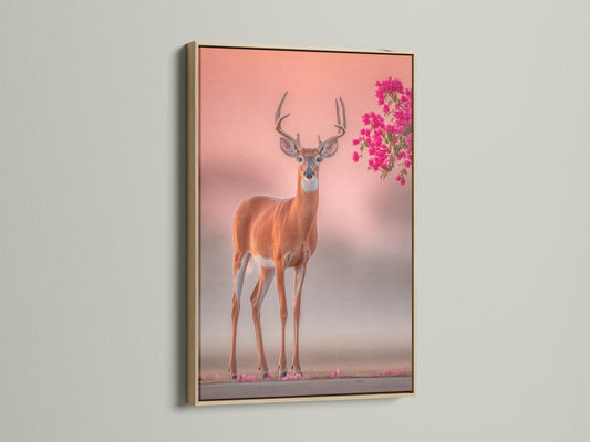 The oak frame enhances the deer artwork. This wildlife canvas brings nature indoors. Pink floral antlers add a touch of whimsy. A perfect nature photography print for bedroom wall decor. The oak frame complements contemporary styles. Animal canvas is ideal for art lovers.