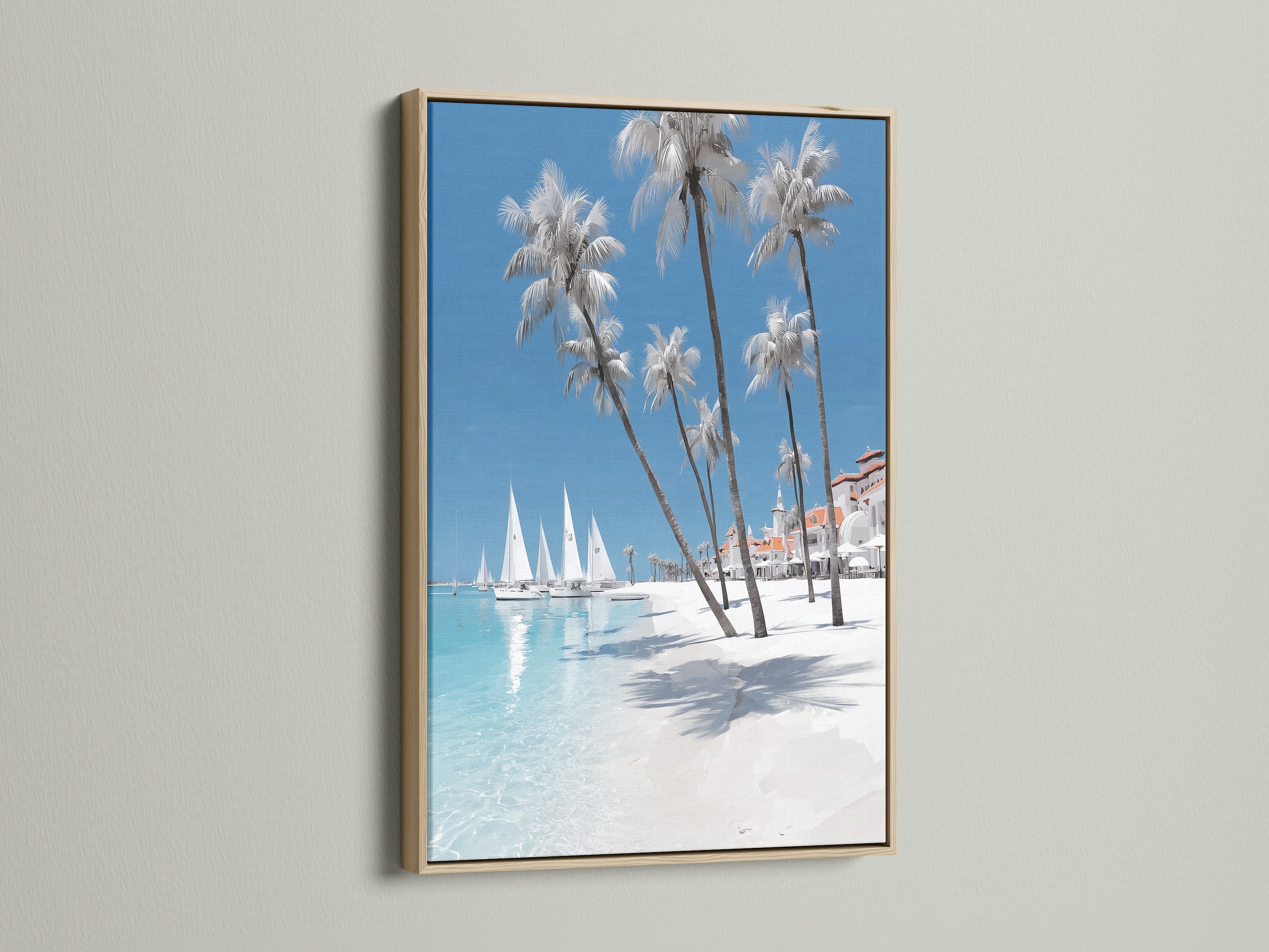 Tropical beach canvas print in an oak frame. Coastal wall art for homeowners and renters. Ocean artwork elevates living rooms bedrooms and offices. Bring the beach to your space with a palm tree print